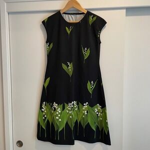 Black Lily of the Valley Print Cap Sleeve A-Line Dress from Finland